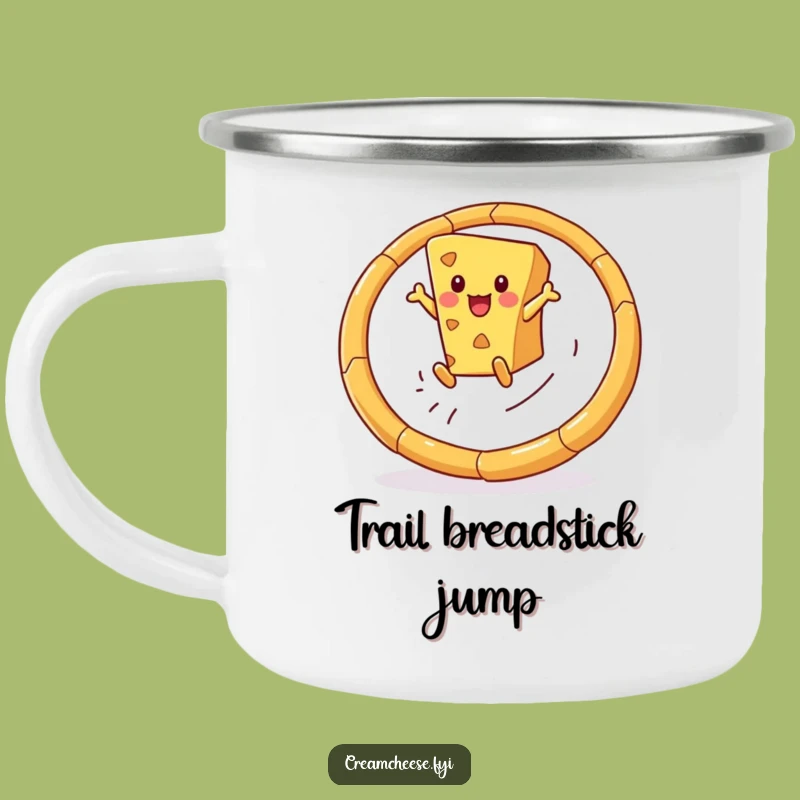 Funny Cheese Wedge Camping Mug: Breadstick Hoop Leap, Durable Snack Outdoor Drinkware!
