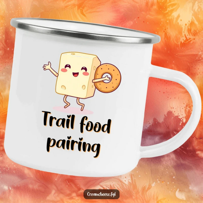 Funny camping mug featuring a smiling cream cheese block with legs dancing joyfully with a bagel, perfect for portable breakfast enjoyment.