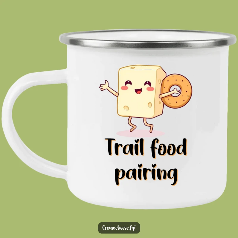 Funny Cream Cheese & Bagel Camping Mug: Dancing Duo Outdoors, Travel Foodie Gift