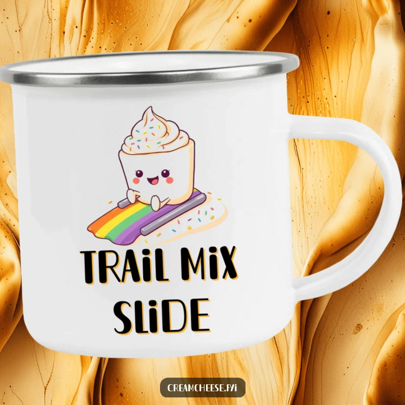Funny cream cheese tub sliding down a sprinkle slope on a durable camping mug, bringing smiles outdoors.
