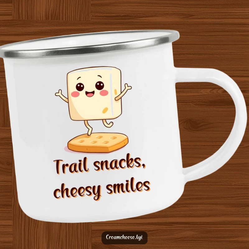 Funny camping mug featuring a smiling block of cream cheese with tiny legs joyfully bouncing on a cracker, ideal for outdoor food lovers.