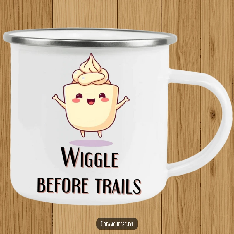 Funny Cream Cheese Camping Mug featuring a happy cream cheese tub with frosting swirls doing a delightful wiggle dance, sturdy for outdoor adventures.
