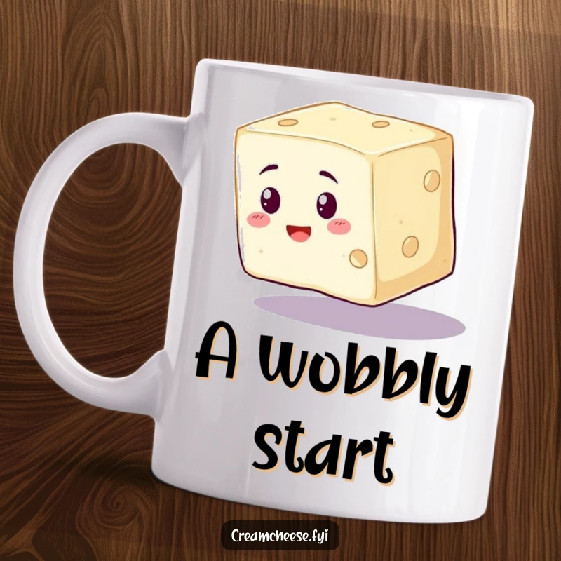 Funny Cream Cheese Mug showing a wobbly cream cheese cube wobbling precariously, a hilarious foodie gift.