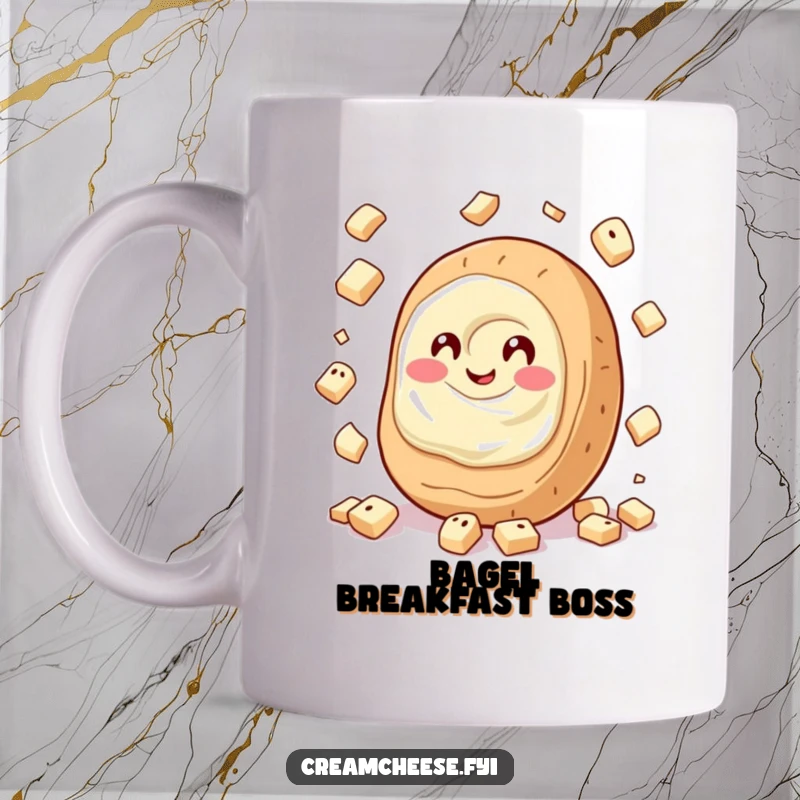 Funny Cream Cheese Mug showing a giggling cream cheese spread juggling tiny bagel pieces with impressive, humorous dexterity and delight.