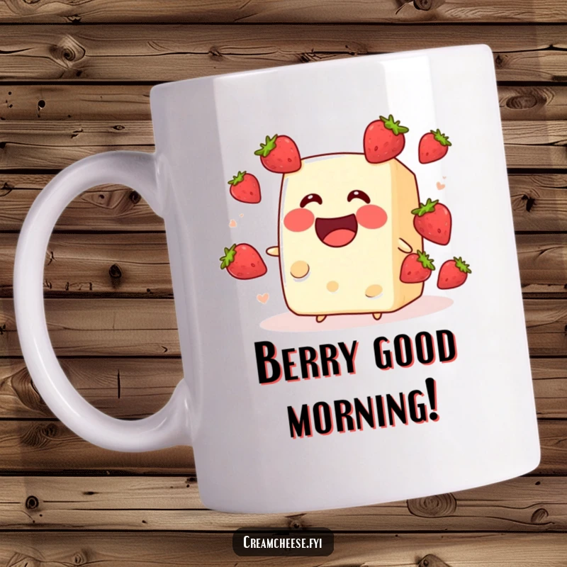 Funny cream cheese block grinning while juggling tiny strawberries, on a mug. A cheerful and comical fruit juggling scene, great as a funny gift.