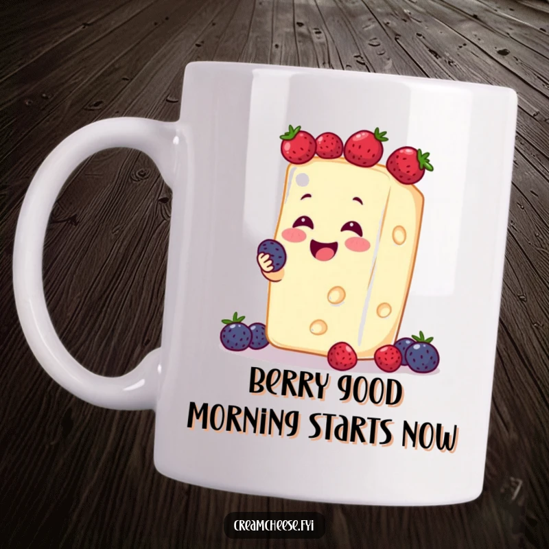 Funny cream cheese block mug smiling joyfully while juggling colorful berries, perfect for dairy enthusiasts.