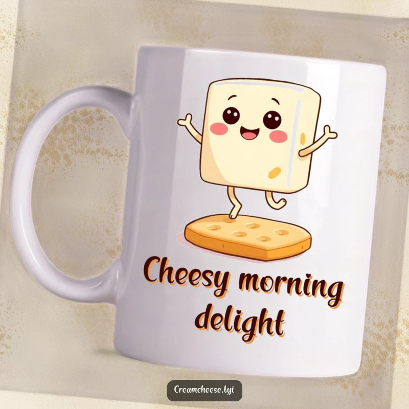 Funny mug with a smiling block of cream cheese with tiny legs joyfully bouncing on a cracker, celebrating breakfast delight.