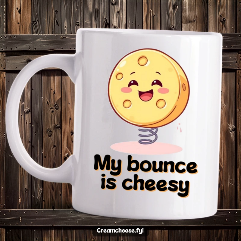 Funny cheese mug illustration of a smiling wheel of cheese joyfully bouncing on a tiny spring, full of glee.