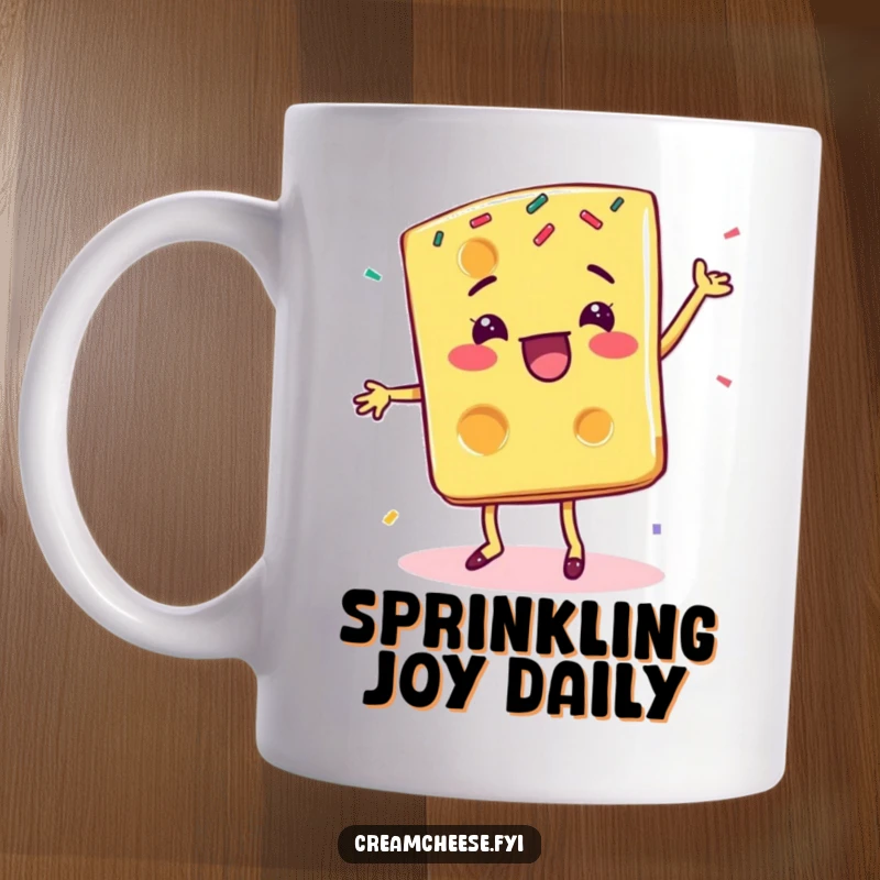 Funny cheese slice mug, a delighted character doing a happy dance surrounded by colorful sprinkles.