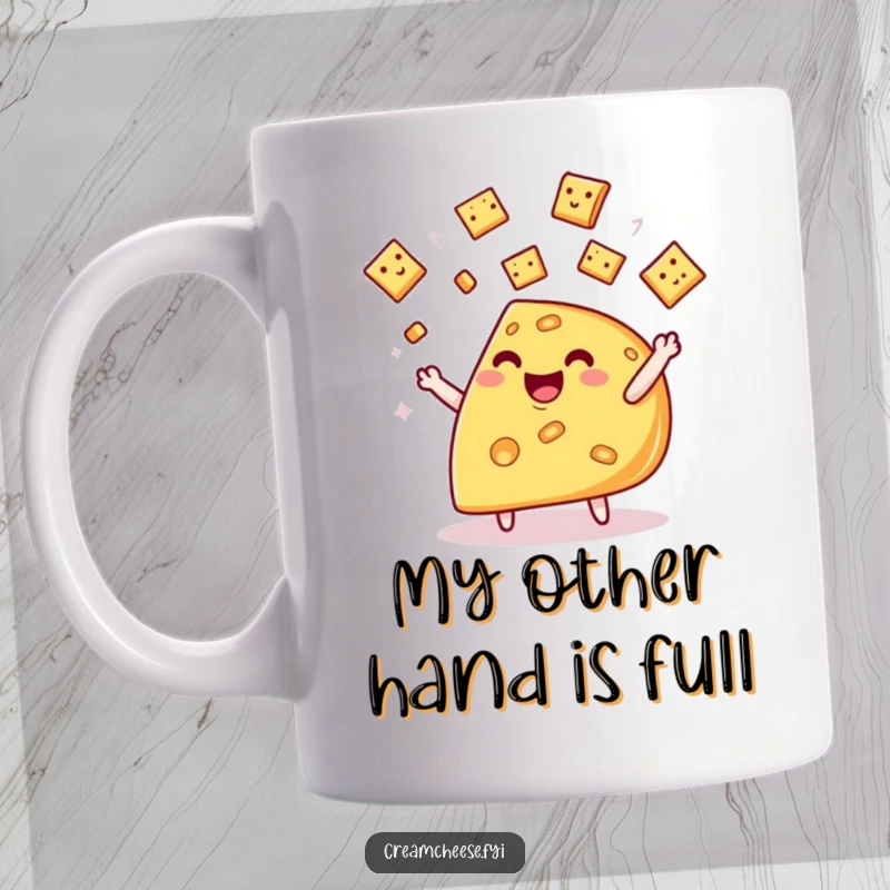 Funny cheese wedge mug, a whimsical character joyfully juggling tiny crackers with a big smile.