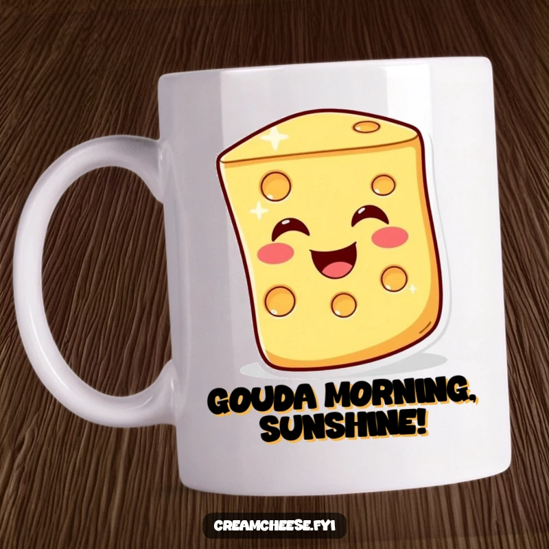 Funny Coffee Mug: A jovial cheese slice winks warmly, offering a cheesy greeting and a humorous start to the day.