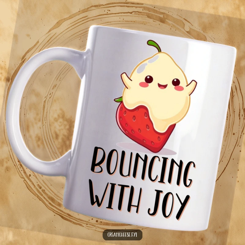 Funny mug with a playful cream cheese blob happily bouncing atop a ripe, red strawberry, radiating pure joy.