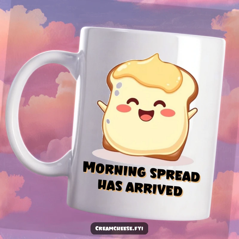 Funny joyful cream cheese blob mug enthusiastically spreading itself onto toast, a happy breakfast moment.