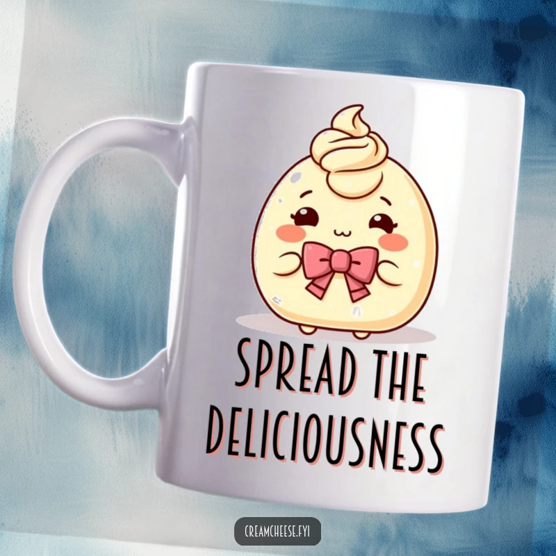 Funny Mug featuring a charming cream cheese character bowing gracefully while offering a small portion, embodying politeness and spreadable joy.