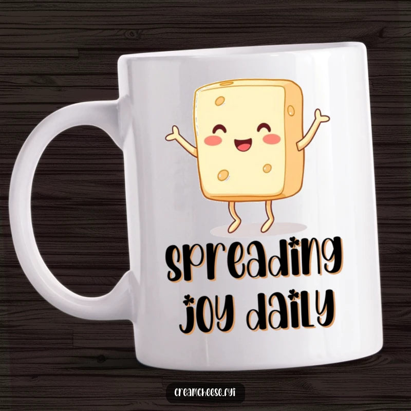 Funny Mug: A cheerful block of cream cheese with tiny legs joyfully dances a jig, radiating pure delight and cheesy happiness.