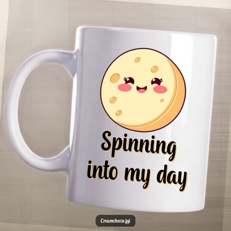 Funny Mug: A round cream cheese wheel with a cheerful smiling face happily spins on its side, full of pure, cheesy joy.