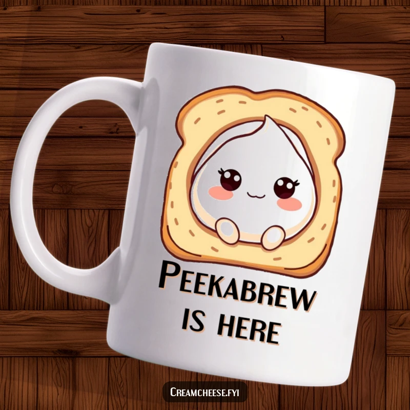 Funny mug with a bubbly cream cheese character playfully peeking out from a perfectly toasted hole in bread.