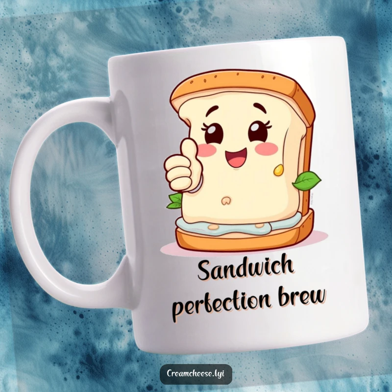 Funny Mug: Happy cream cheese character giving a thumbs-up from atop a deconstructed sandwich.