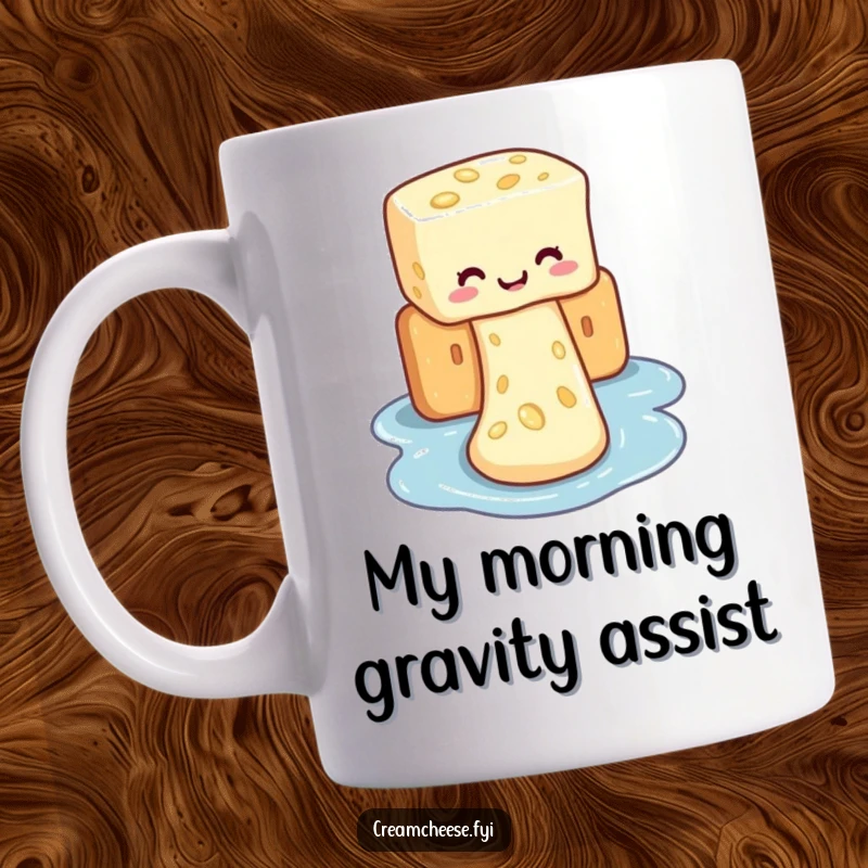 Funny mug featuring cream cheese sliding down a cracker like a waterslide, a hilarious depiction of cheesy fun.