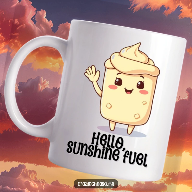 Funny friendly cream cheese spread character with a cheerful wave, radiating warmth and approachability, perfect for your morning coffee.