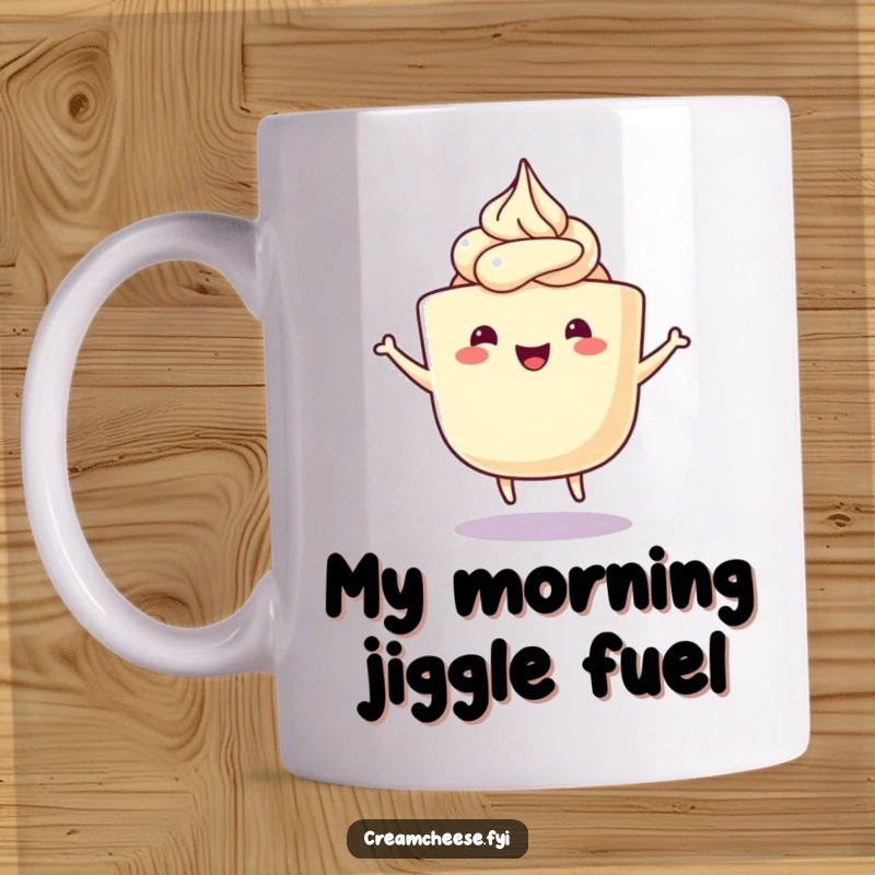 Funny Cream Cheese Mug featuring a happy tub with frosting swirls doing a delightful wiggle dance, spreading cheer and edible art.