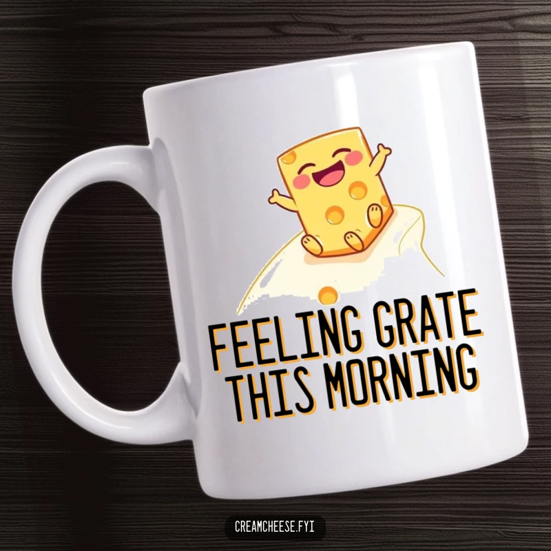 Funny cheese block mug with a joyful expression, comically sliding down a smooth, creamy slope, perfect for a laugh.