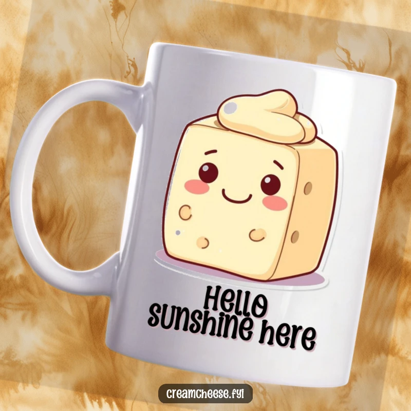 Funny cream cheese block mug, a character with a warm, welcoming smile, radiating friendliness and comfort.