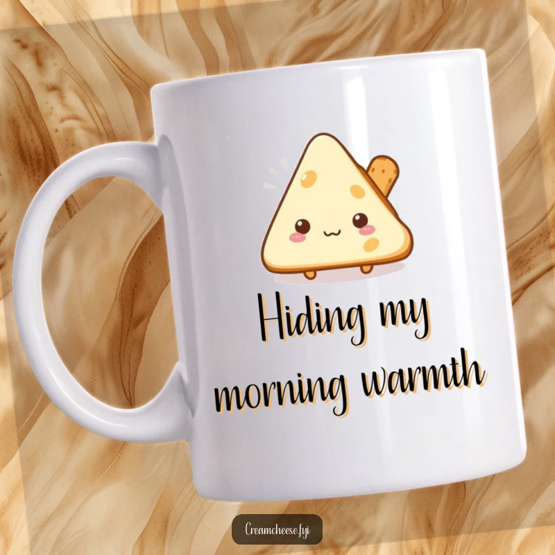 Funny shy cream cheese triangle mug peeking from behind a miniature breadstick, a cute and awkward food moment.