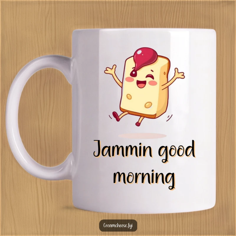 Funny cheerful cream cheese slice doing a joyful cartwheel, with a dollop of jam, on a mug.