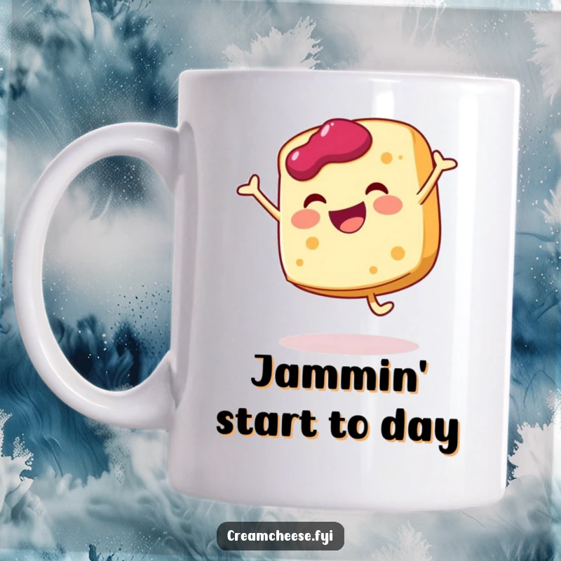 Funny cream cheese slice mug doing a joyful cartwheel with a dollop of jam, a cheerful breakfast treat.