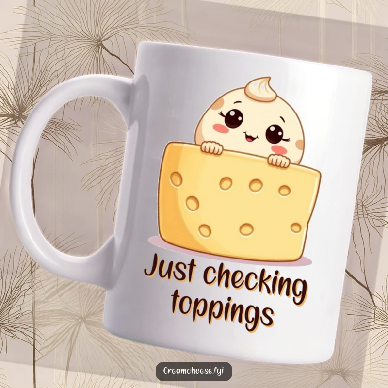 Funny cream cheese character peeking over a cheese board edge, curious expression, perfect for cheese enthusiasts, coffee lovers, and gift seekers.
