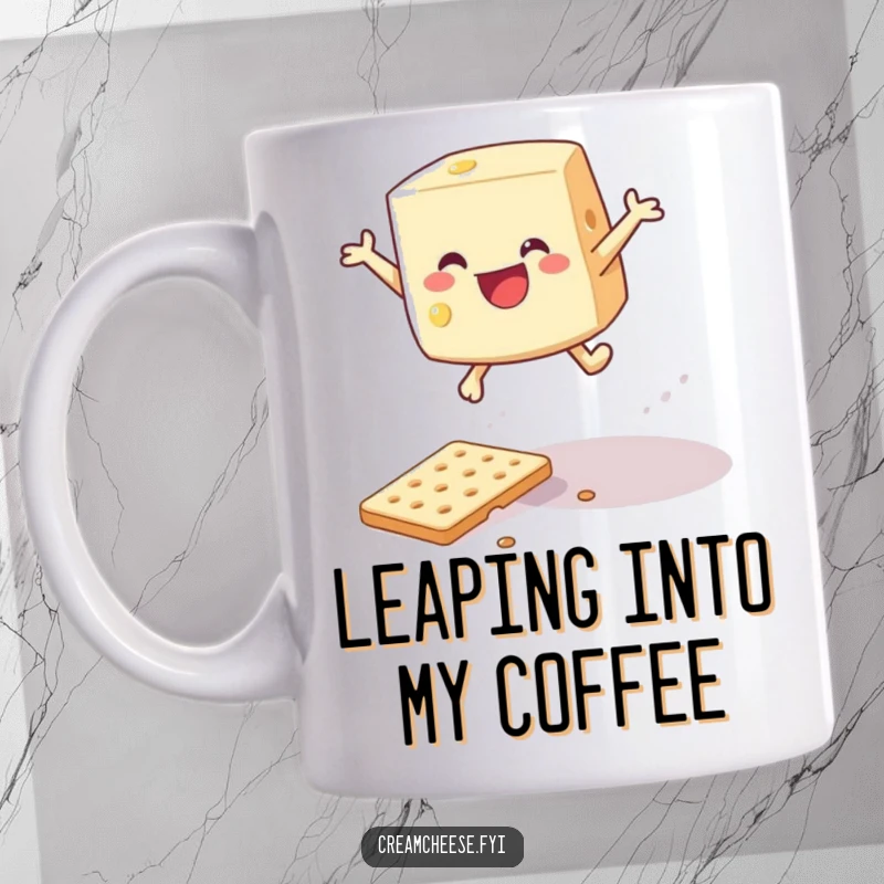 Funny wobbly cream cheese wedge gleefully leaping over a fallen cracker on a mug.