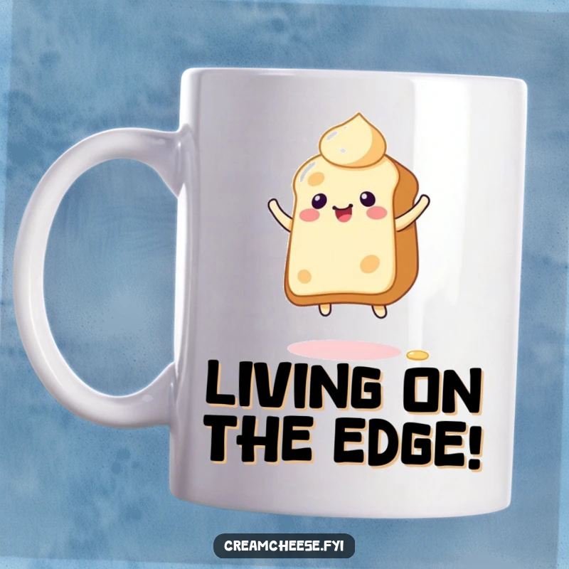 Funny Mug showing a giddy cream cheese character energetically bouncing on the edge of a piece of toast, radiating pure fun.