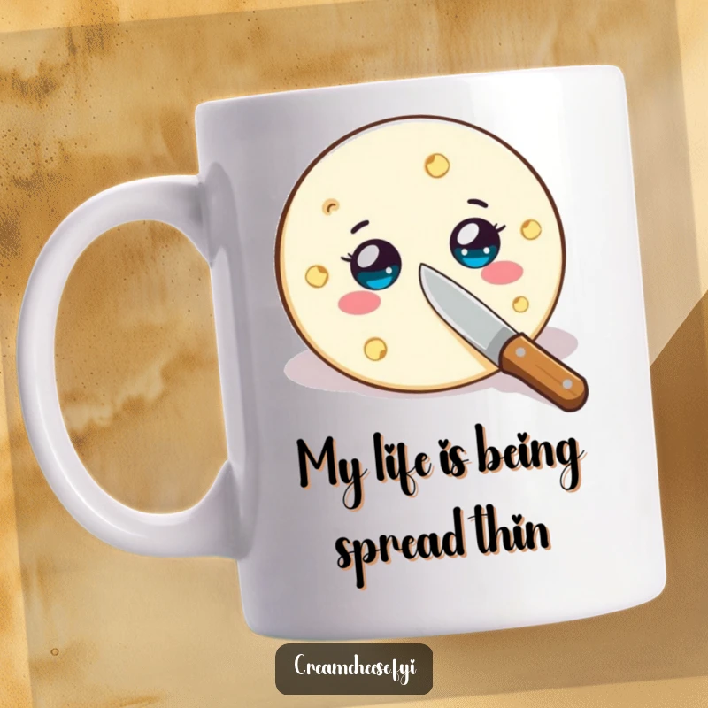 Funny cream cheese wheel mug with wide eyes being sliced by a tiny knife, showcasing a hilarious food moment.