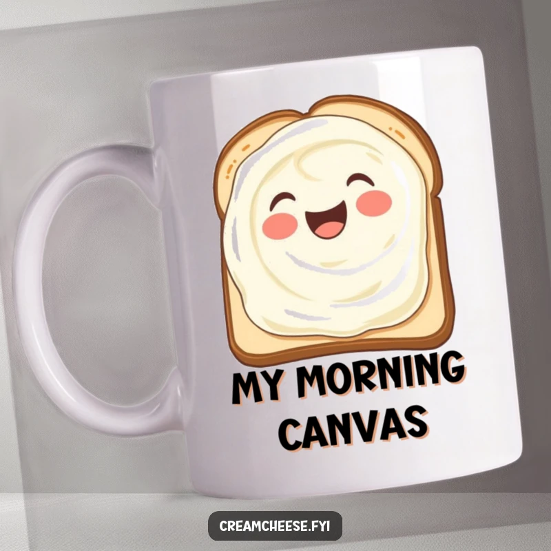 Funny mug showcasing a delighted cream cheese smear spreading itself with pure joy across a perfectly toasted slice of bread.
