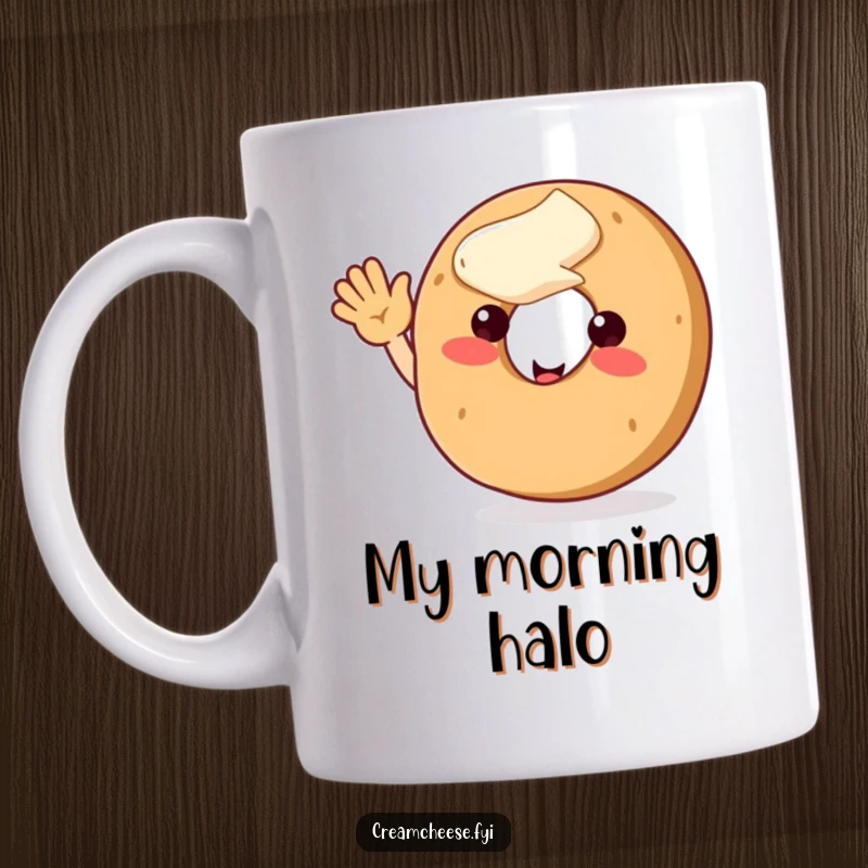 Funny smiling bagel character topped with cream cheese, enthusiastically waving hello, bringing a warm and cheerful vibe to your mug collection.