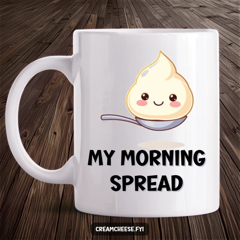 Funny mug featuring a beaming cream cheese dollop gracefully balancing on a tiny spoon, radiating pure happiness and charm.