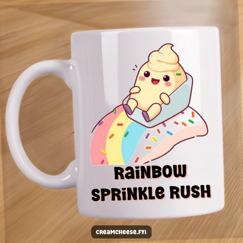 Funny anthropomorphic cream cheese tub mug happily sliding down a vibrant rainbow sprinkle slope with a cheerful expression.