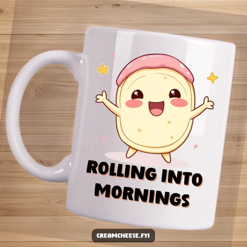 Funny Cream Cheese Mug featuring a delighted cream cheese roll performing a celebratory spin, radiating pure, dairy-inspired joy and excitement.