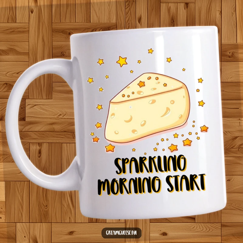 Funny Cream Cheese Stars Mug: A cream cheese wedge joyfully scatters tiny edible golden stars, a magical and gleeful scene.