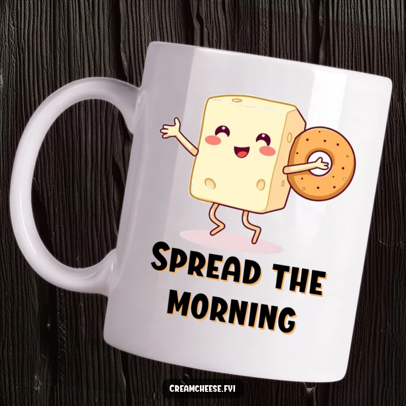 Funny mug featuring a smiling cream cheese block with legs joyfully dancing alongside a happy bagel, celebrating breakfast.