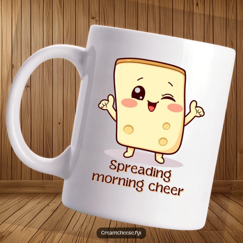 Funny cream cheese mug showing a winking wedge striking a triumphant pose with confidence and flair.