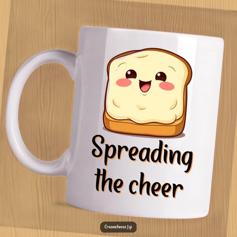 Funny Mug: Delightful cream cheese wedge winking while being spread on toast, a humorous breakfast item.