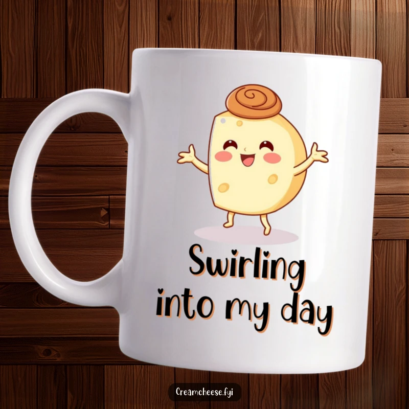 Funny happy cream cheese wheel doing a little dance wearing a cinnamon swirl hat on a mug.