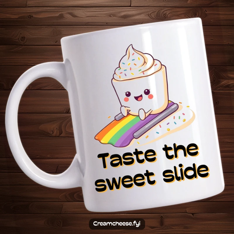 Funny anthropomorphic cream cheese tub joyfully sliding down a vibrant rainbow sprinkle slope on a mug.