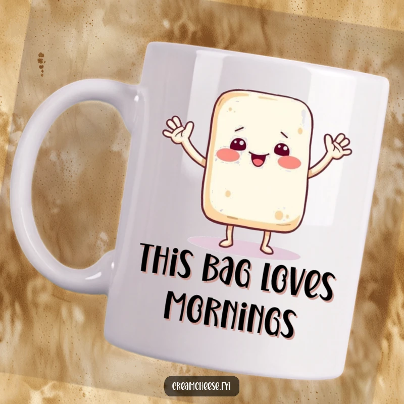 Funny mug showing a jubilant cream cheese bag with small arms dancing and waving enthusiastically to an imaginary friend.