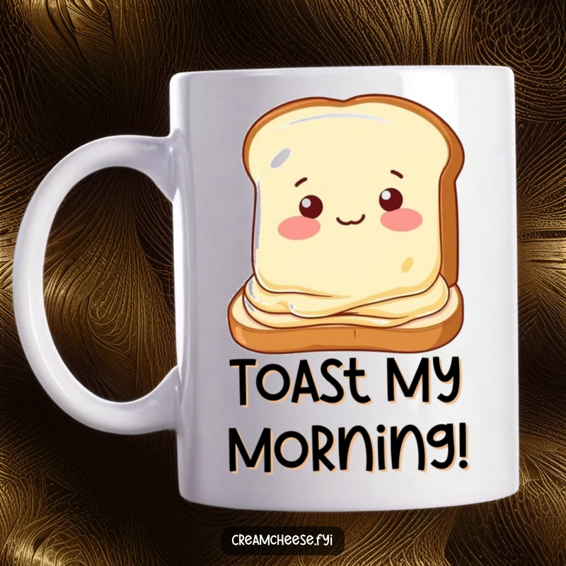 Funny mug featuring a cream cheese slice winking playfully as it’s spread on toast, a charming and humorous breakfast scene.