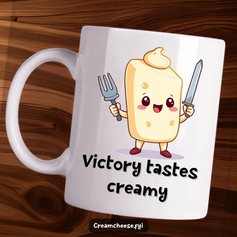 Funny cream cheese character triumphantly holding a tiny fork like a sword, celebrating victory, ideal for coffee lovers, gift seekers.
