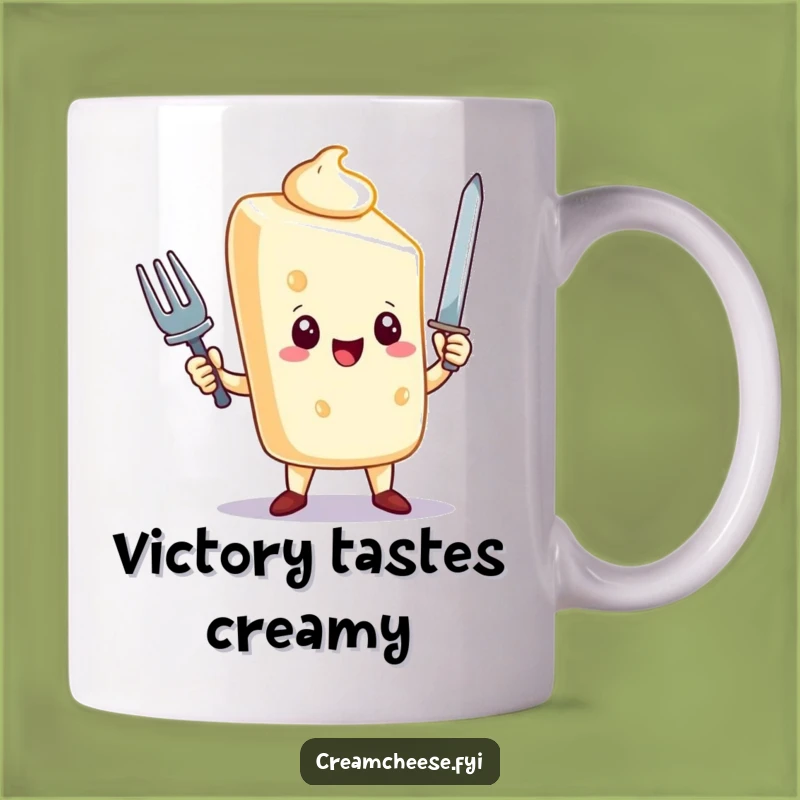 Funny Cream Cheese Mug: Triumphant Hero Character with Fork Sword, Perfect Gift