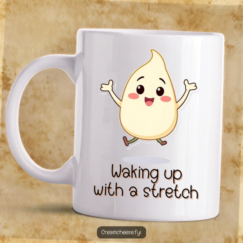Funny cream cheese dollop mug, a character gleefully doing jumping jacks, radiating pure happiness and energy.